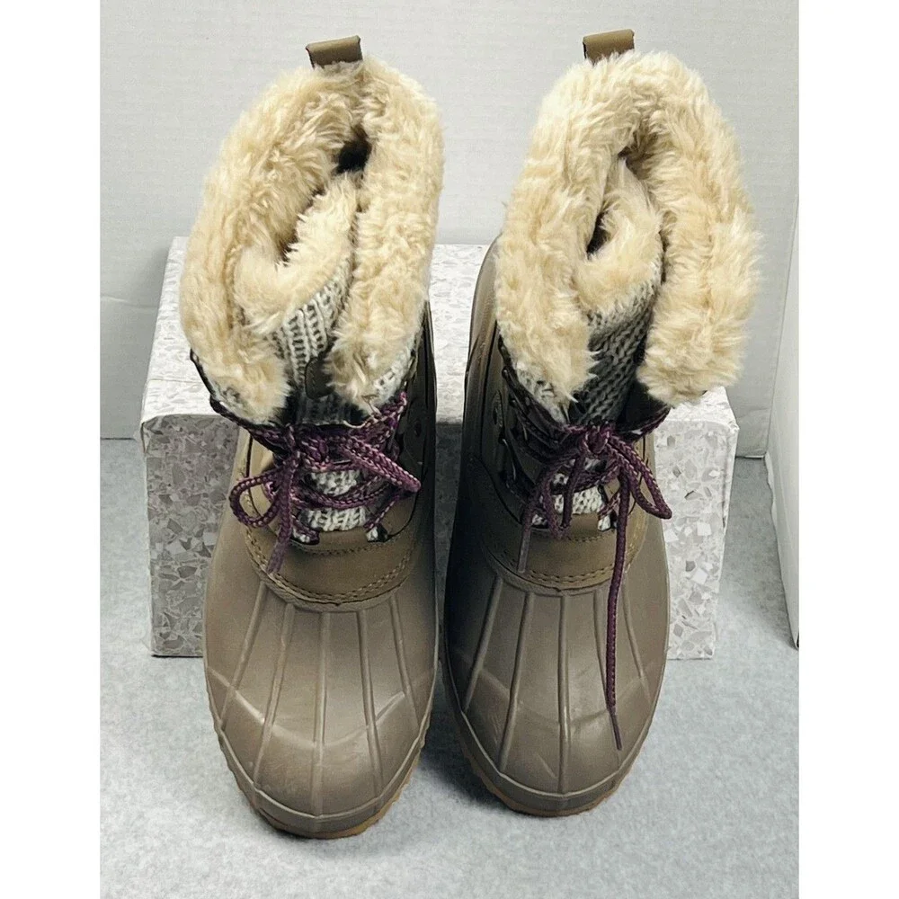 Khombu Kerigan Womens 10 Brown Faux Fur Lace Up Duck Snow Boots Winter